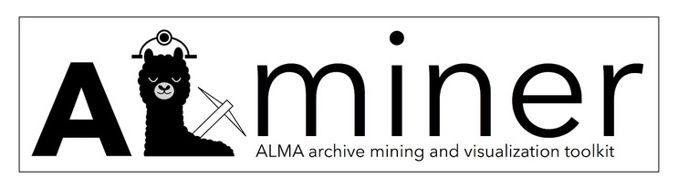 Logo of the Alminer sofware package. The logo shows the head of a llama, shaped like a capital letter L, wearing a miners hat and holding a pickaxe.