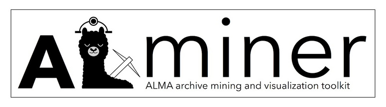 Logo of the Alminer sofware package. The logo shows the head of a llama, shaped like a capital letter L, wearing a miners hat and holding a pickaxe.