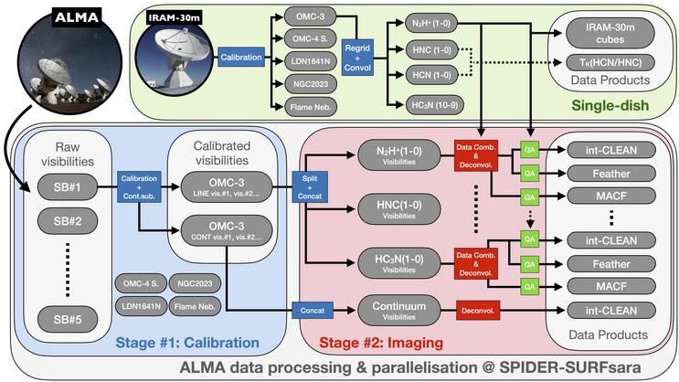 Flowchart diagram describing ALMA and IRAM‑30 m workflow: Stage 1 calibrates raw visibilities; Stage 2 images lines/continuum with combo, QA, and CLEAN/Feather/MACF; outputs.