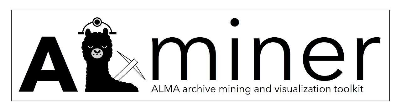 Logo of the Alminer sofware package. The logo shows the head of a llama, shaped like a capital letter L, wearing a miners hat and holding a pickaxe.